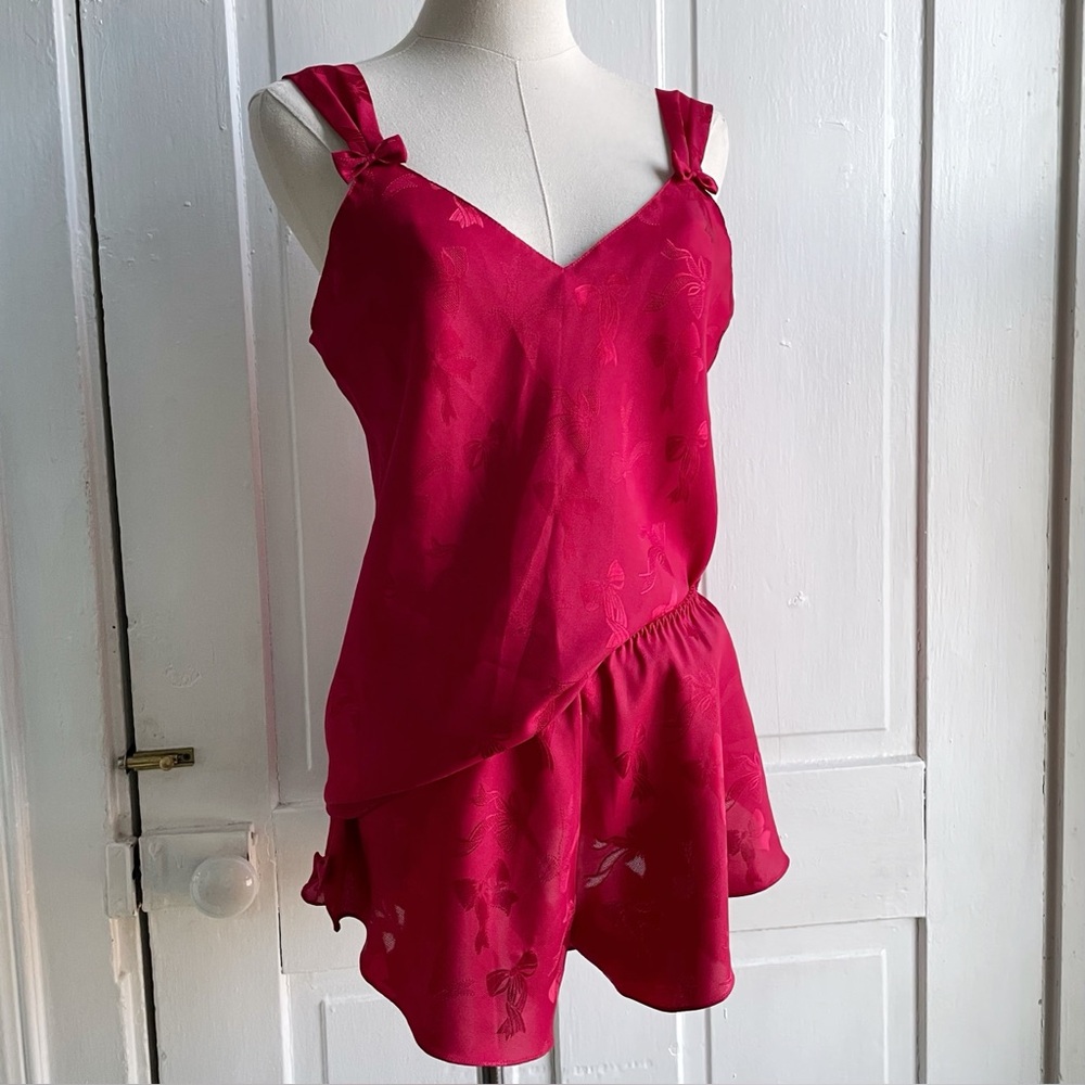 Vintage 90s Erika Taylor Intimates 2 Piece Red Nightie Set with Bow Accents